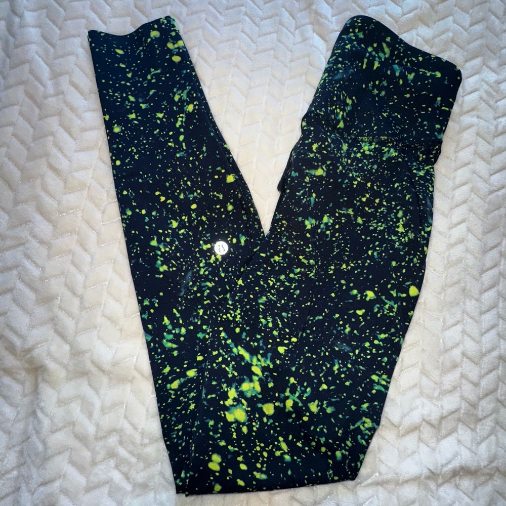 lululemon athletica Black Leggings with Neon Green Splatter